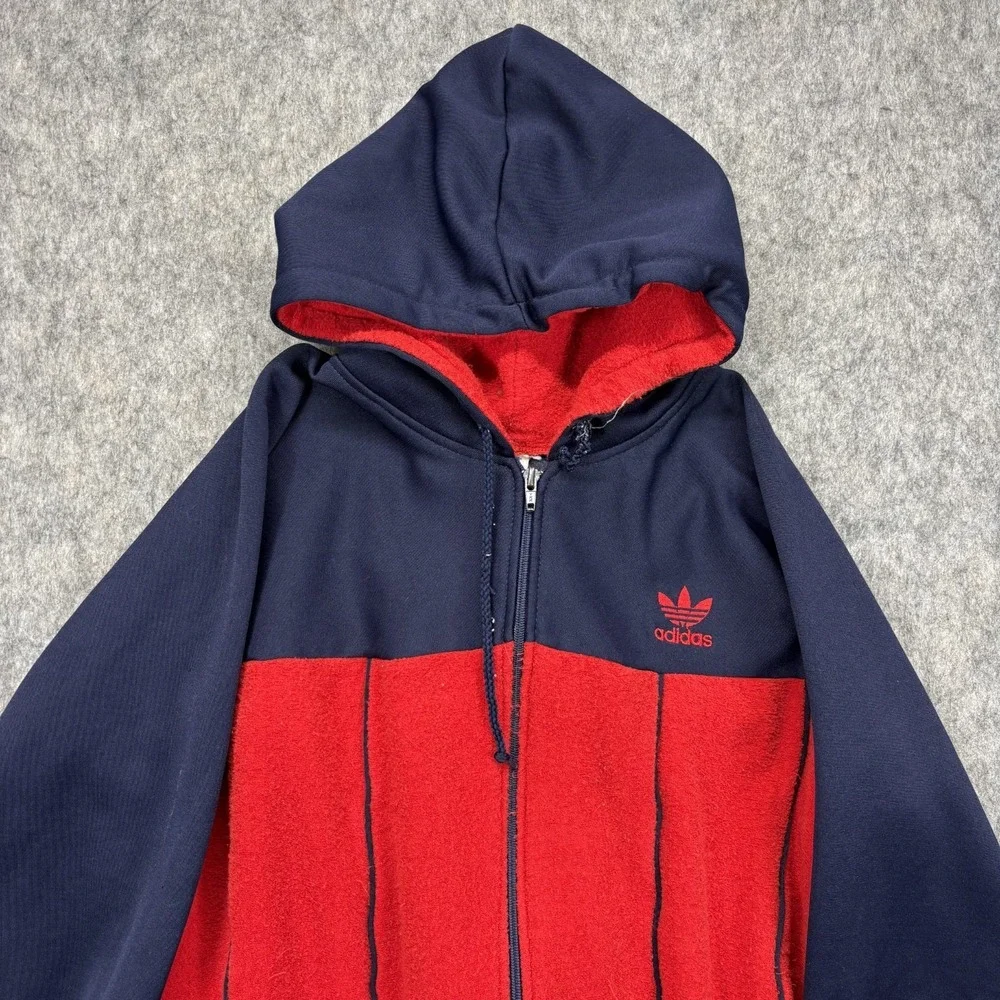 Vintage 1980s Adidas Hoodie‎ Sweatshirt Medium Red Blue Terry Cloth Tre Foil